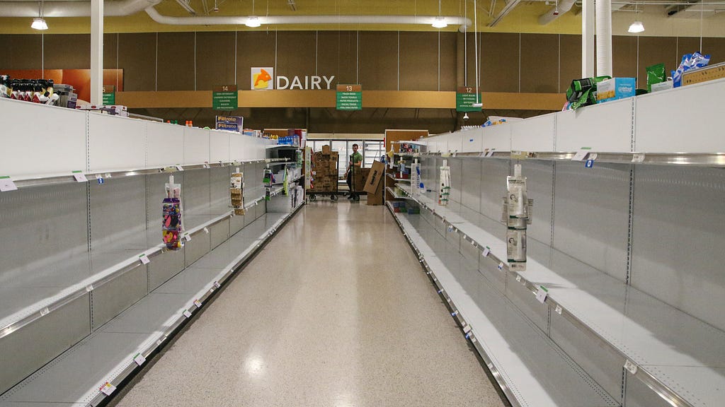 An empty supermarket aisle.