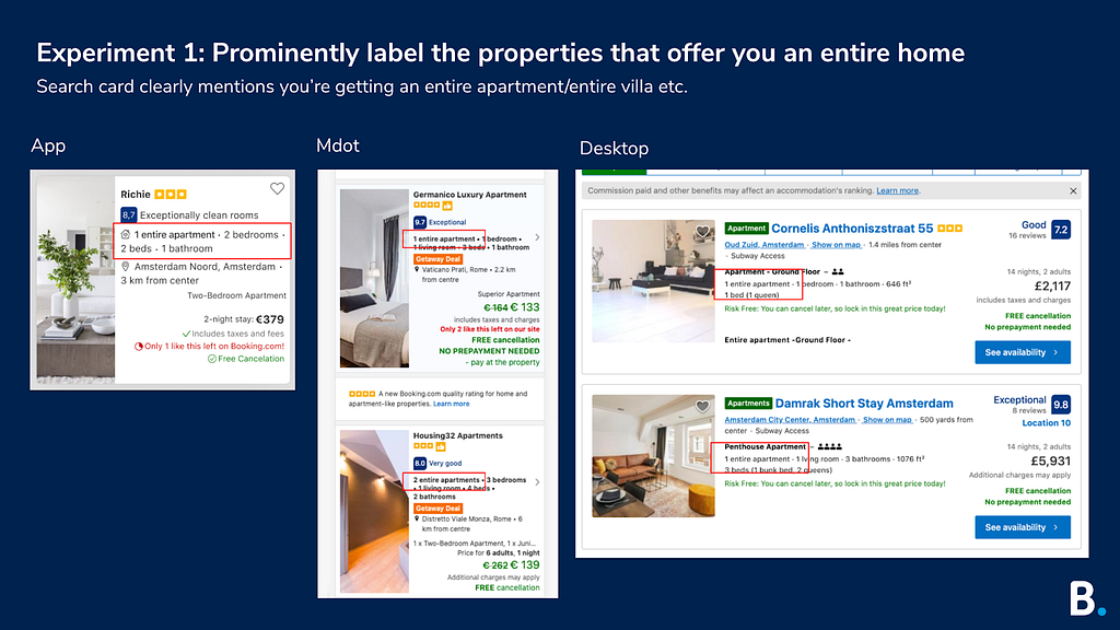 Screenshots of experiment 1, which prominently labels properties that offer users an entire home.