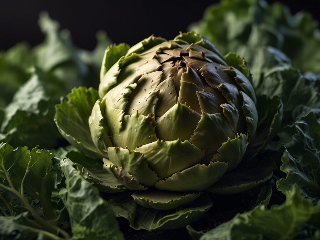 A fresh hydroponic artichoke surrounded by green leaves, dramatically lit against a dark background.