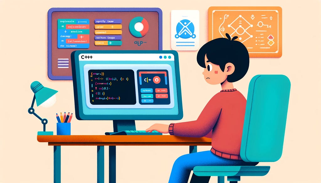 Illustration of a character sitting at a desk, deeply focused on a C++ tutorial on their computer screen. The screen shows a colorful and friendly C++ interface with graphics that explain variables and basic syntax. The character is an East Asian female with short black hair, wearing casual clothes. The room has educational posters on the walls, featuring programming concepts and C++ logos, creating an engaging and inviting learning space.