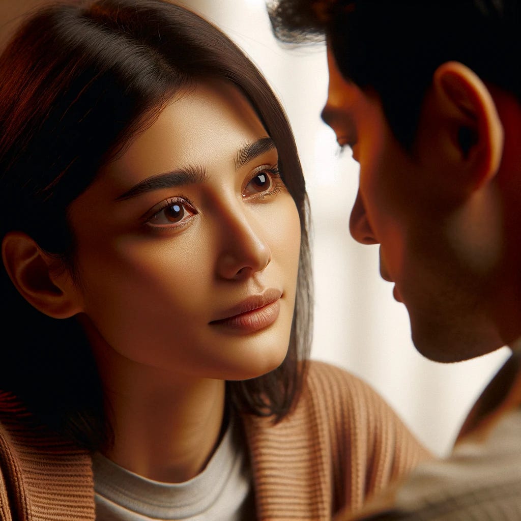 Photo capturing an emotional moment between two people. It features a South Asian female with medium-length dark hair, her expression one of profound relief and hope as she looks intently at the face of a man. The man, of East Asian descent, has short black hair and a gentle expression. The background is softly blurred to focus on the intense emotional exchange between them.