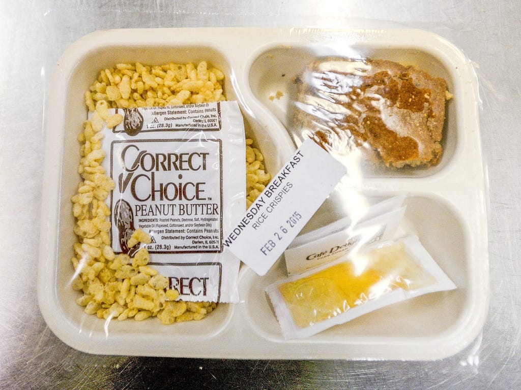 A pre-made breakfast of Rice Krispy and peanut butter at the Anaheim Police Department jail in California in 2015.