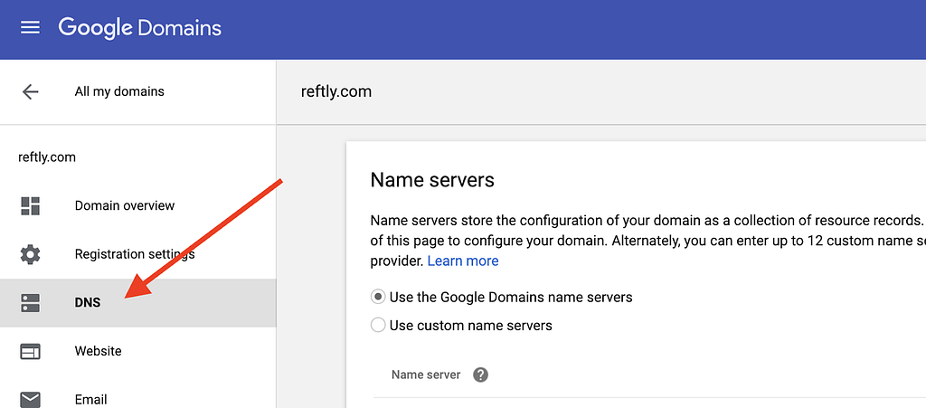 A picture of the Google Domains console showing the location of the DNS navigation