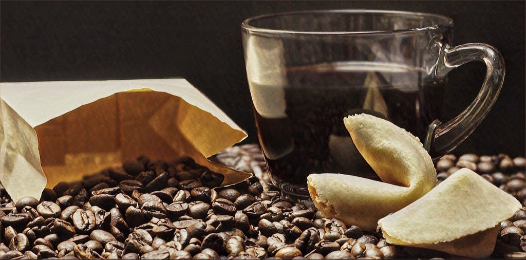 Fortune cookies, coffee beans, and a glass mug of coffee