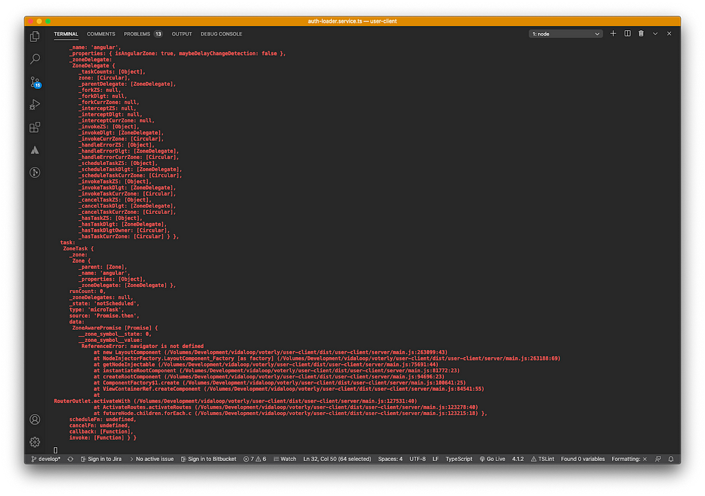 A screenshot of a code editor’s terminal displaying a long error message.