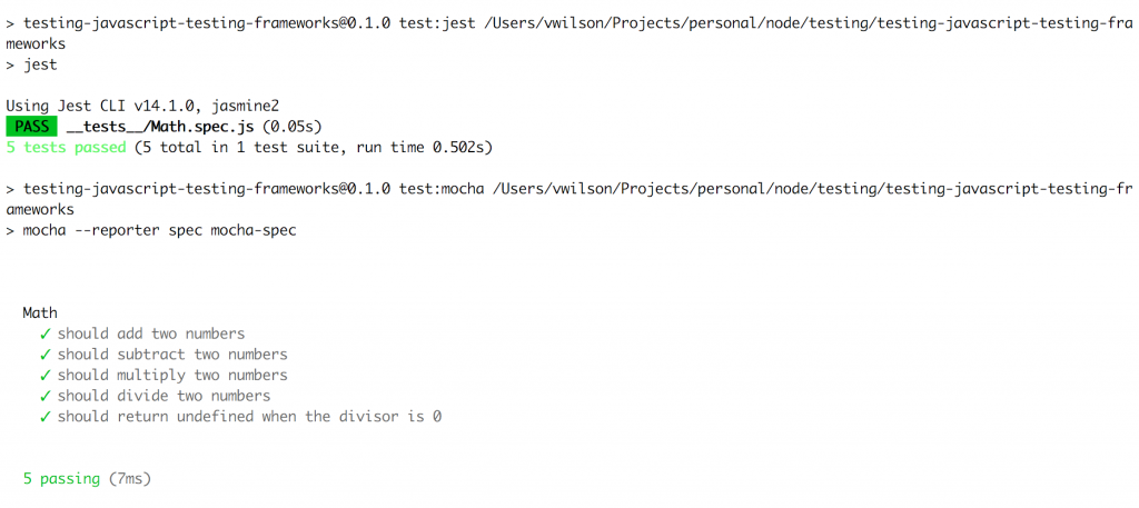 Samples of Jest and Mocha test runs