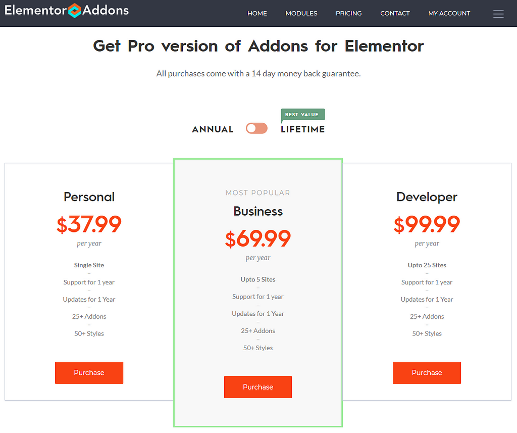Elementor Addons pricing highlighting The “Most Popular Plan”
