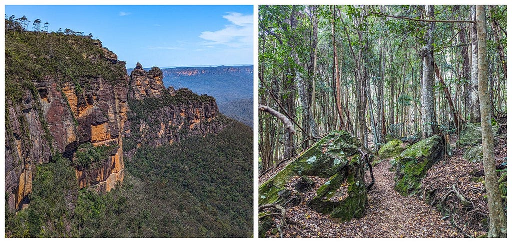 Photo on left shows red cliffs of the Blue Mountains; photo on right shows the valley floor.
