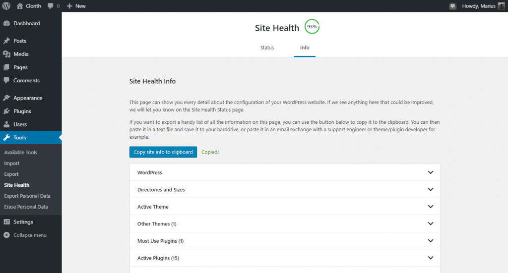 WP Admin Site Health Report