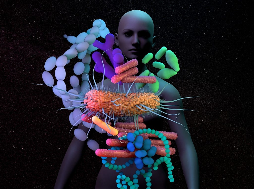 Illustration of a human body with superimposed images representing the microbiome. Illustration by Design Cells/Getty Images