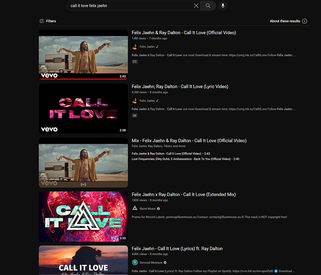 The search results when searching for Call it Love by Felix Jaehn on YouTube