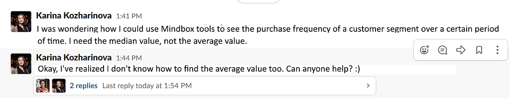 An EmailSoldiers marketing manager went on Facebook to seek advice from fellow marketers. She asked if she could use the Toolbox tools to see the purchase frequence of a customer segment over a certain period of time. She needed help with both the median and the average value.