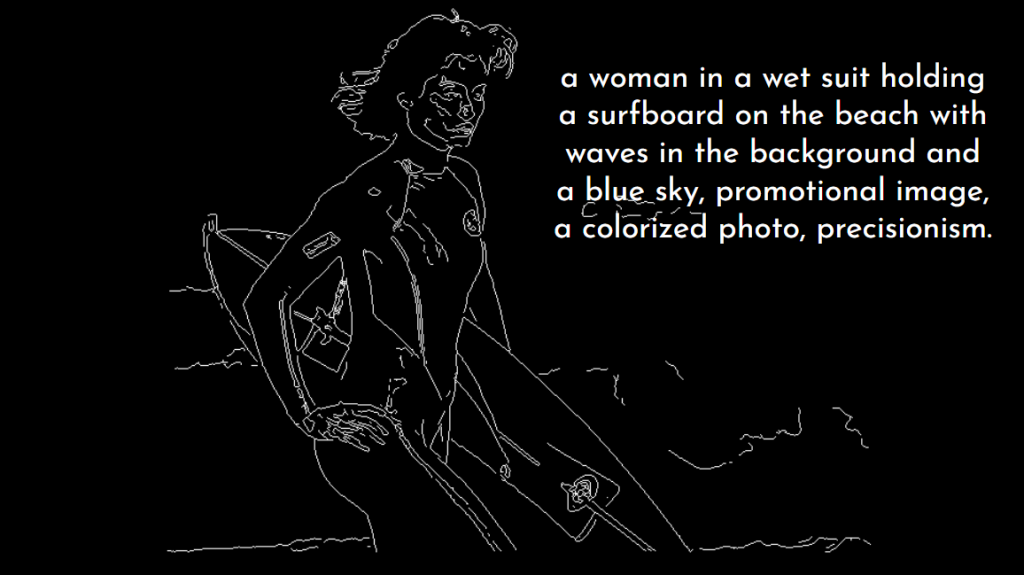 Black and white line drawing generated by the ControlNet Canny model, depicting a woman in a wetsuit holding a surfboard on the beach. The text from the CLIP Interrogator, describing an image, is superimposed over the drawing and reads: “a woman in a wet suit holding a surfboard on the beach with waves in the background and a blue sky, promotional image, a colorized photo, precisionism. [Alt text by ALT Text Artist GPT]