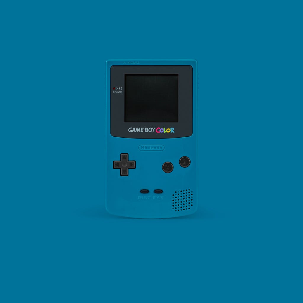 A blue GameBoy Color on a blue background.