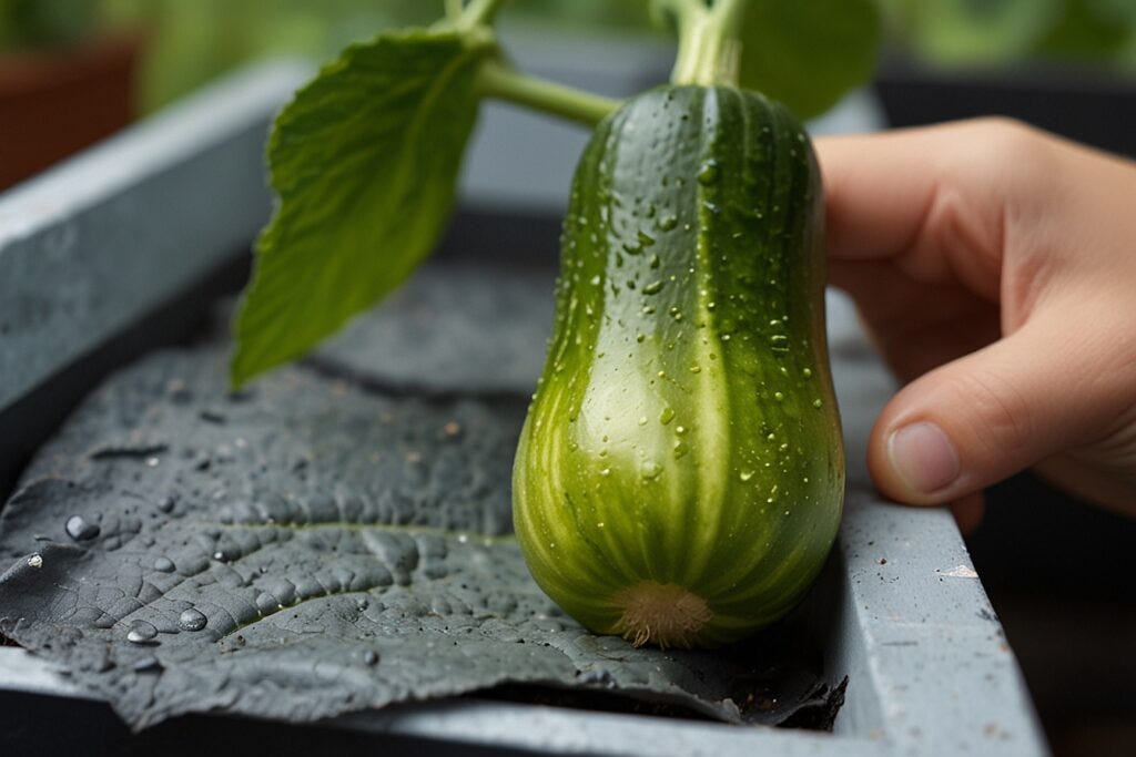 A hand touching a growing green zucchini on the vine, surrounded by large leaves with water droplets.