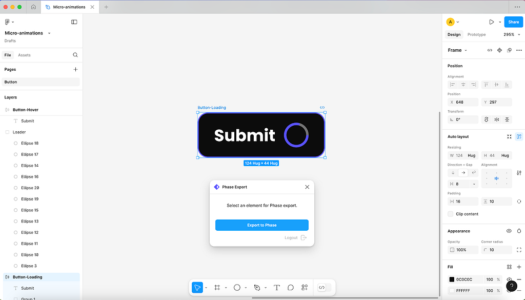 The Phase export plugin for Figma with an element selected in the Figma canvas and a blue button that says “Export to Phase”