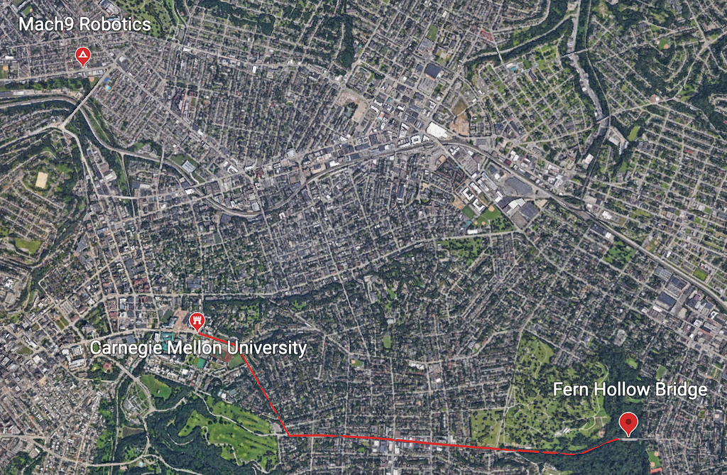 Map of Pittsburgh with the location of the former Fern Hollow Bridge, Carnegie Mellon University, and Mach9 Robotics office locations marked.