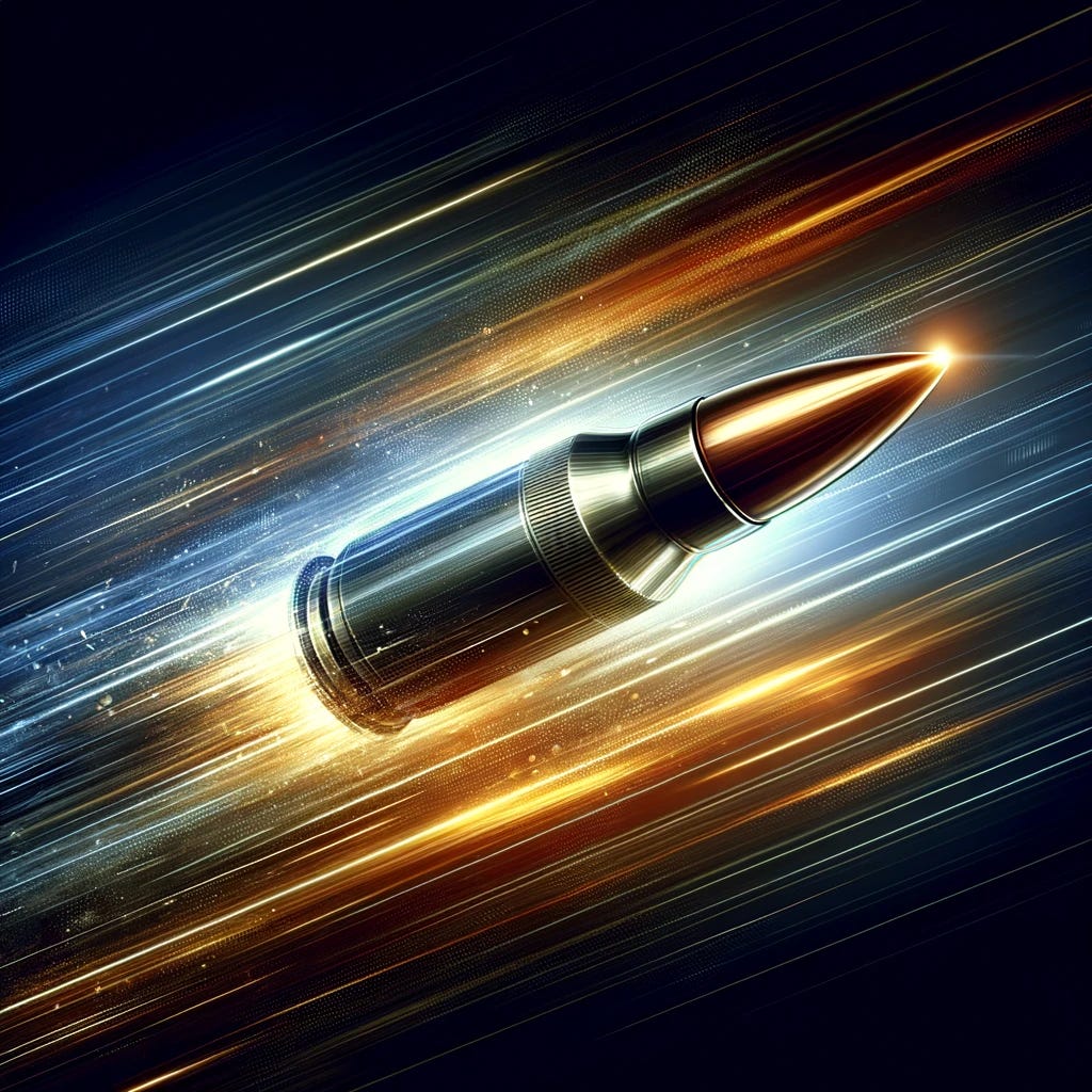 Illustration of a bullet racing through the air at high speed, depicted with dynamic motion lines and a speed blur effect. The background is abstract and does not involve any human or animal figures, focusing purely on the bullet and the concept of its velocity. The bullet itself is highly detailed, showing the sleek design and metallic sheen as it travels through the air.