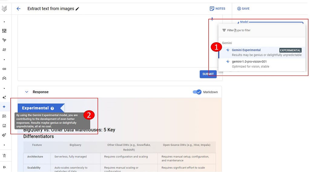 1.1 Navigate to the model selection area of the Google Vertex AI platform. 1.2 Look for the ‘Gemini Experimental’ option. You’ll recognize it by the “EXPERIMENTAL” label in blue, indicating that it’s a model currently in testing.