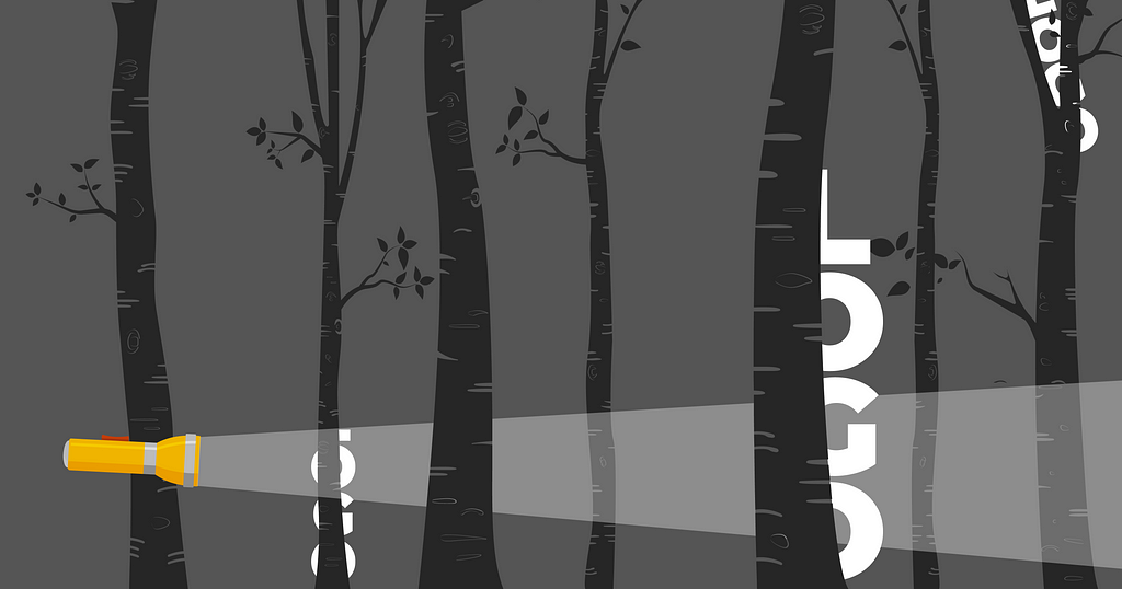 A graphic of a forest at night, with a flashlight illuminating some of the darkness. Behind the trees can be see the word ‘Logo’ hiding in three places.