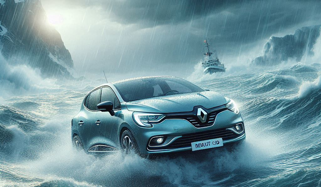 Renault gris metálico navegando en océano tormentoso con grandes olas, barco al fondo, cielo nublado con destellos de sol.