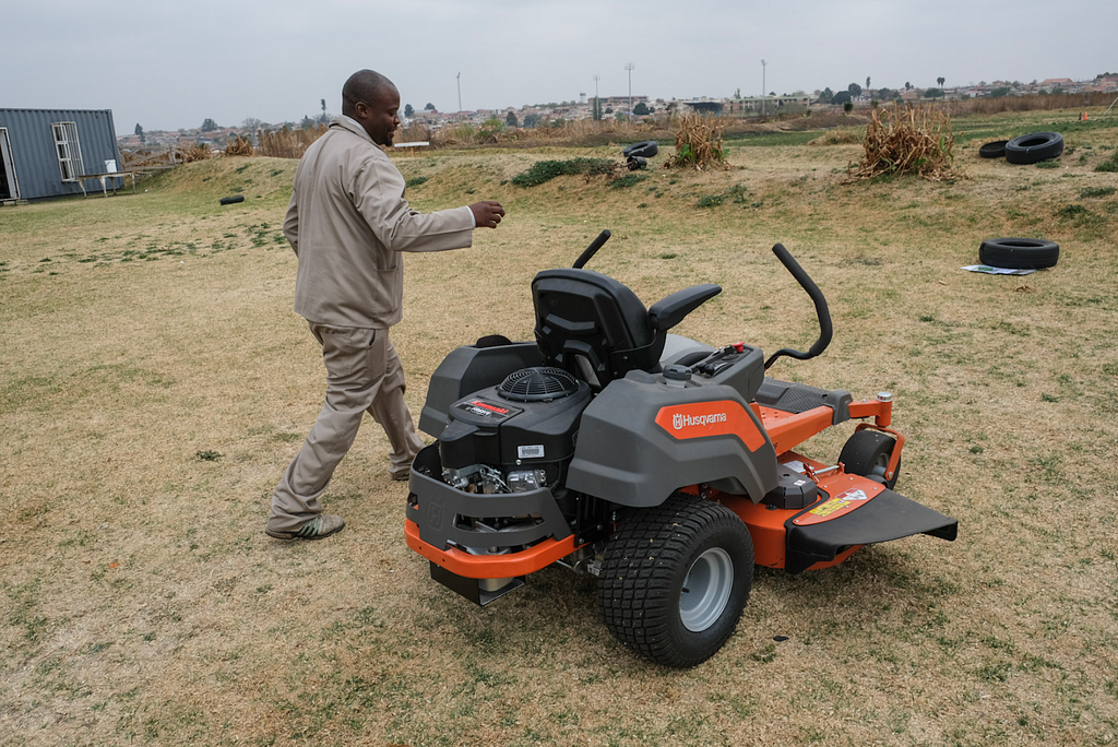 Ride-on lawnmower purchased for the Rhulani Mabasa Children’s Foundation.