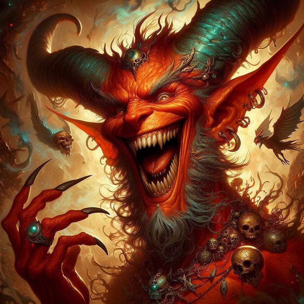 Ornamental image. The image depict a fantasy illustration of a devil with laughing and whosing many sharps teeth. He’s skin is red, big horns, long earswith earrings and a grey short beard.