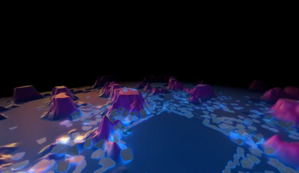 A screenshot of a AFrame 360 VR video replicating a landscape with a mountainous terrain