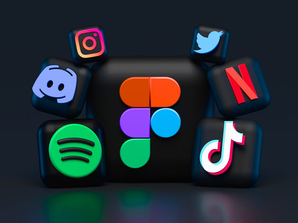 Large Figma logo together with other app logos, like Spotify, Netflix, Instagram, TikTok, etc.