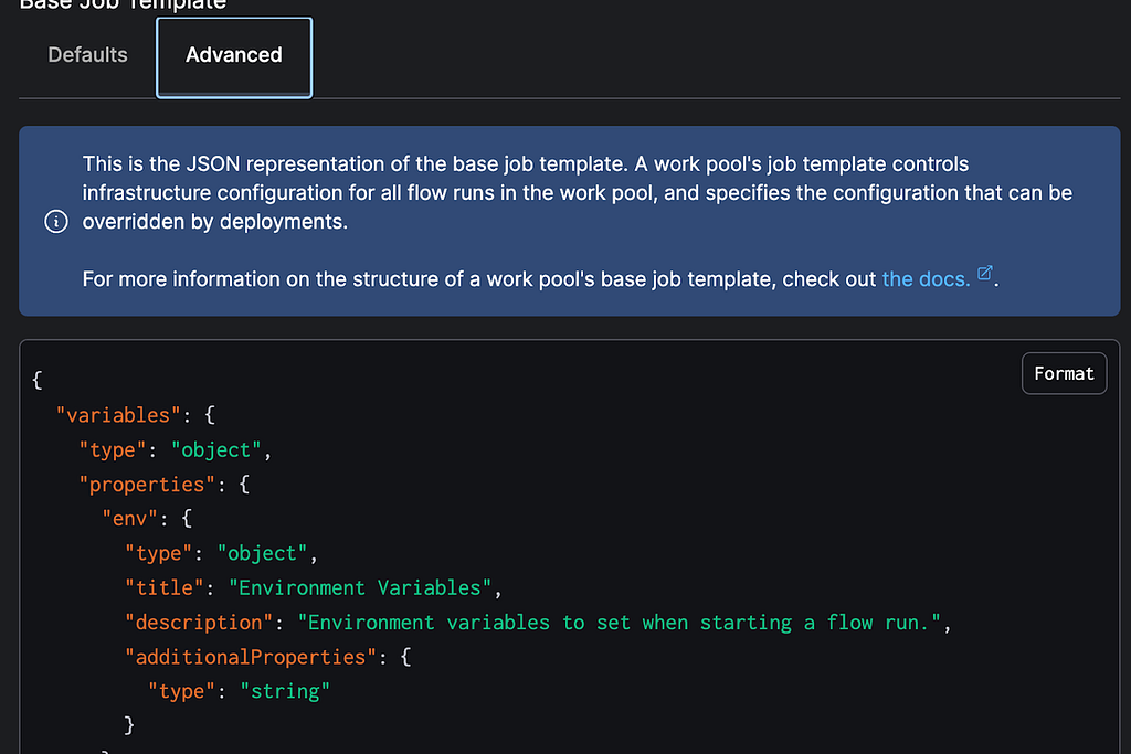 Base job template work pool showing JSON for customizability