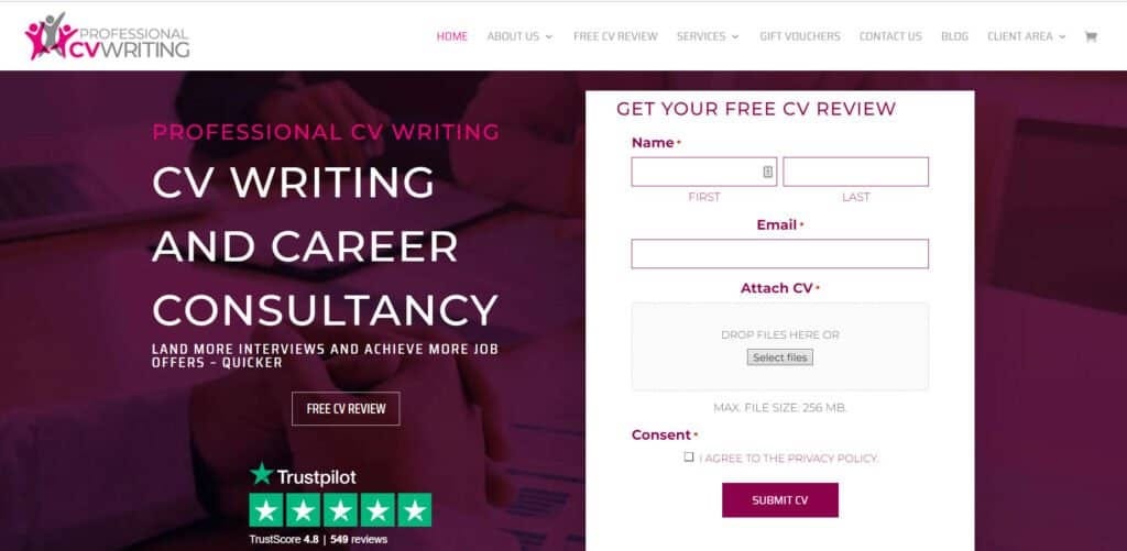 Professional CV Writing Ltd website home page