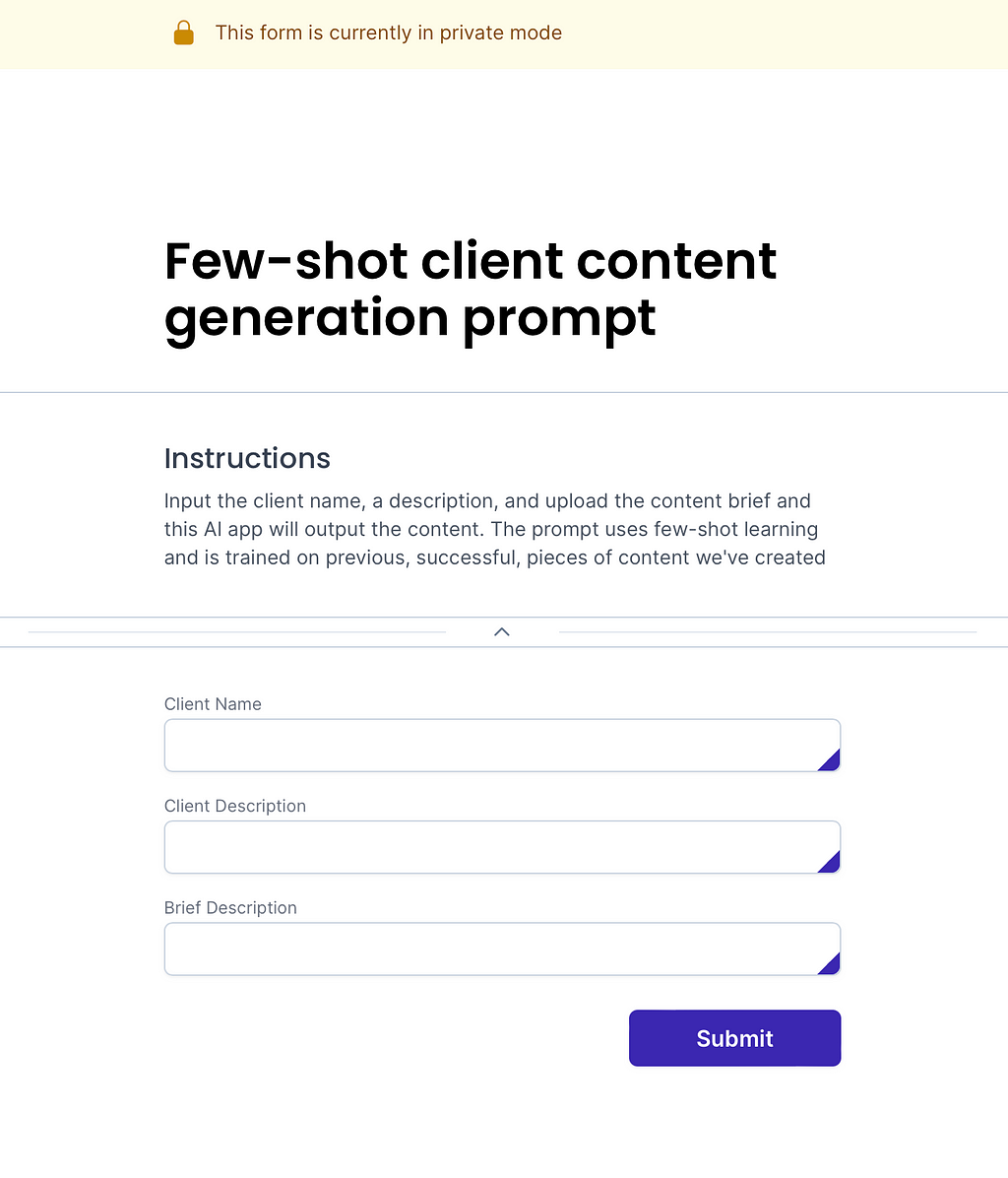 A form with a header, sub-header, and 3 input fields