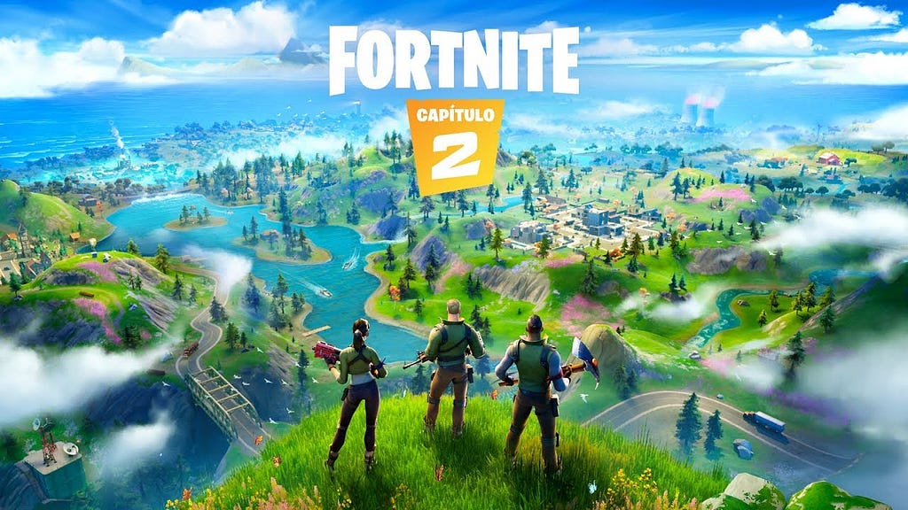 Loading screen from the game Fortnite with 3 characters in their backs looking to a map with trees and a river.