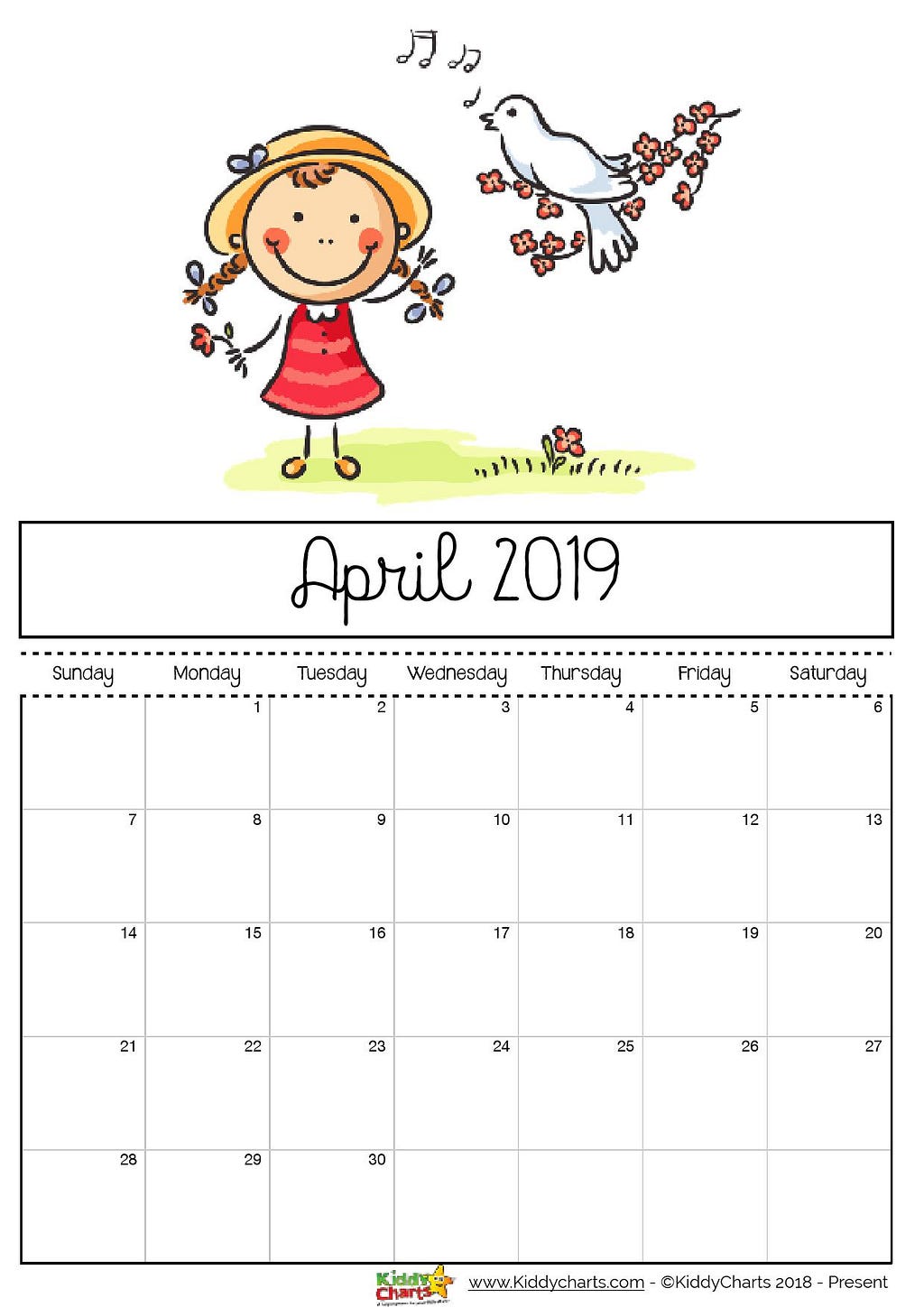 April printable 2019 calendar sheet - dove singing to a little girl. Cute isn't it? #Printable #2019calendar #kidsprintables