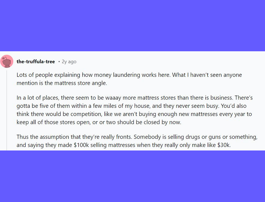 Money laundering through mattress stores on Reddit