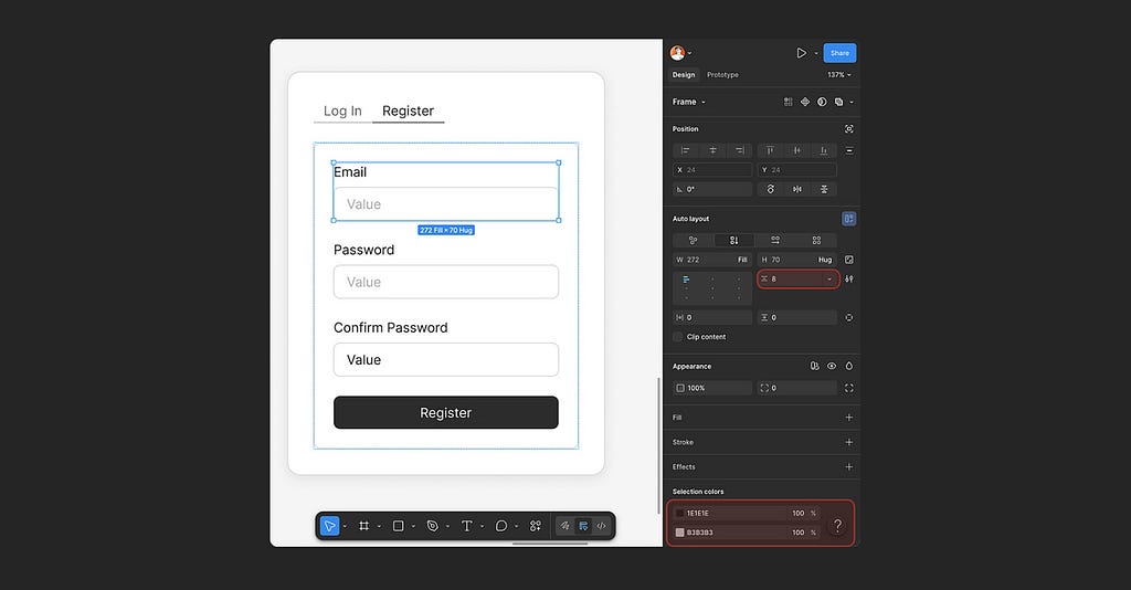 A Figma canvas showing a registration form with Email, Password, and Confirm Password fields. The right panel reveals the problem: Selection Colors shows raw hex values 1E1E1E and B3B3B3 with no token bindings, highlighted in red.