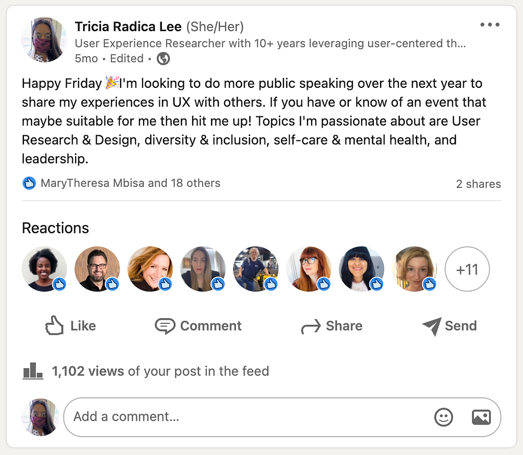 A screenshot of my LinkedIn post to make me accountable. It got a lot of views and soon after I signed up for my first talk!