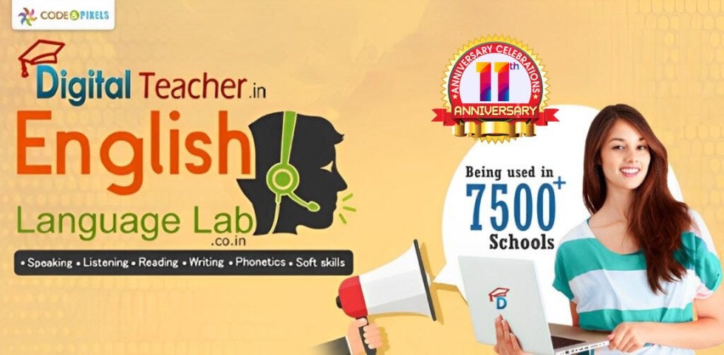 The image shows a smiling girl using English language lab software on her laptop. and the English lab website and logo of the English lab displayed on it.