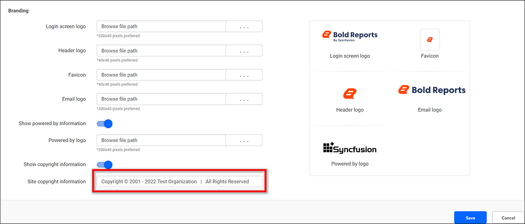 Copyright information settings page for emails