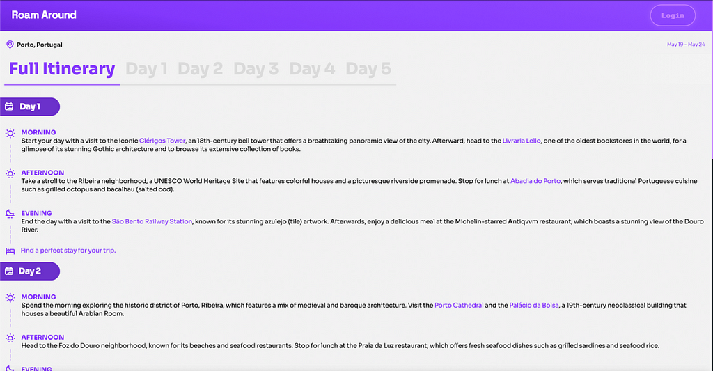 Sample 5-day itinerary for Portugal created on AI tool, Roam Around