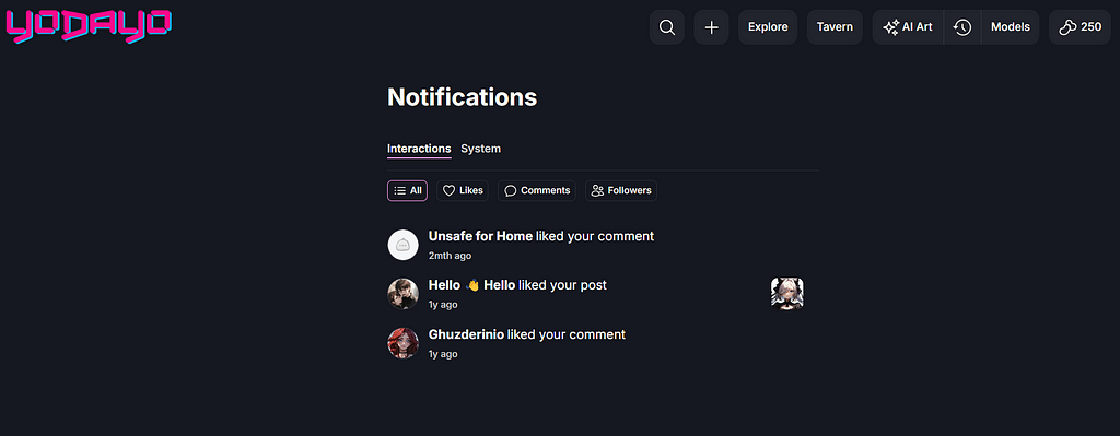 The interface of notifications of Yodayo