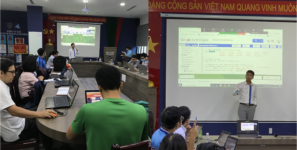 Photos: GEE training at the Hochiminh University of Technology, during the National GIS conference in Vietnam (December 2020). Photo Credit — Hochiminh University of Technology
