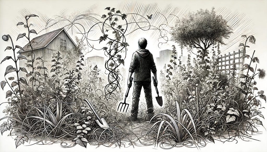 A detailed sketch of a person standing in an overgrown garden, full of weeds and tangled vines, representing the initial state of neglect and challenges. The person looks determined, holding gardening tools. Created Using: fine linework, pencil sketch style, intricate details, monochrome, visual metaphor, storytelling art, reflective atmosphere, layered textures, artistic depth.