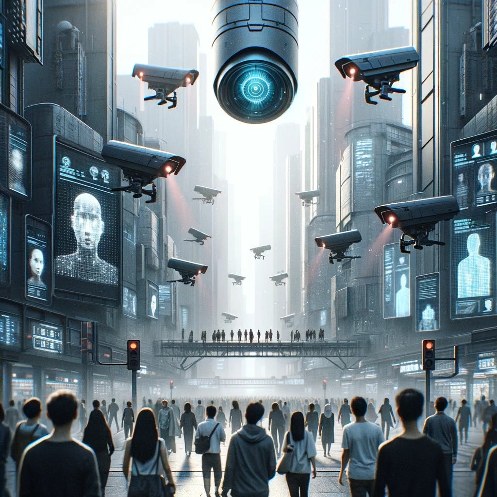 The image has been created to visually represent the concept of a dystopian city with pervasive facial recognition surveillance.