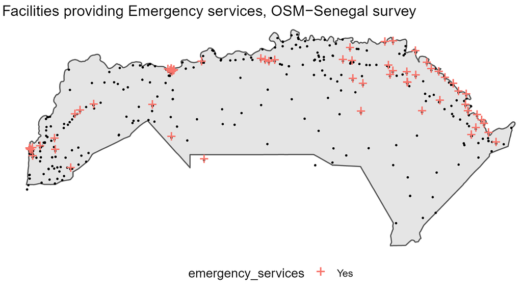 Map of locations of health facilities with emergency health services in the district of Saint Louis, Senegal