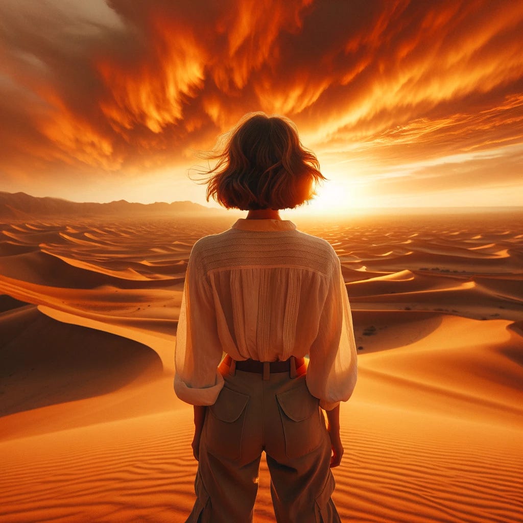 Photo capturing a vast desert landscape at sunset, with waves of golden sand and a fierce orange sky resembling flames. In the foreground, a young Caucasian woman with short auburn hair, dressed in a lightweight, long-sleeved white shirt and khaki pants, stands contemplating the scene, her back to the camera, symbolizing the personification of ‘Anya’.