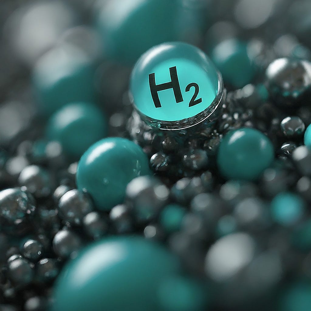 A close-up view of hydrogen molecules represented by teal spheres, highlighting the potential of hydrogen as a clean and abundant energy source.