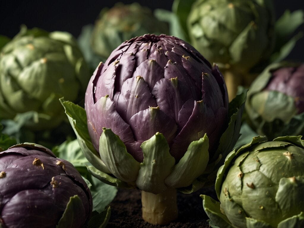 Close-up of a purple hydroponic artichoke with green leaves, surrounded by other artichokes, on a dark background.