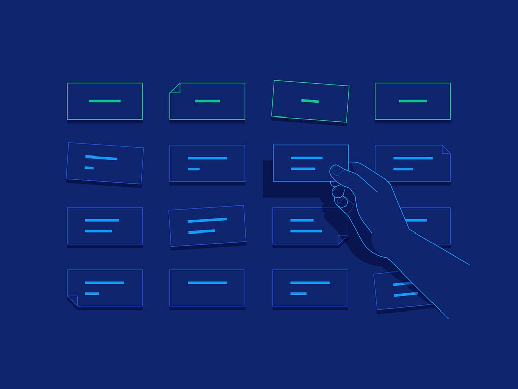 Ilustração mostrando uma mão arranjando itens de acordo com a dinâmica do card sorting.