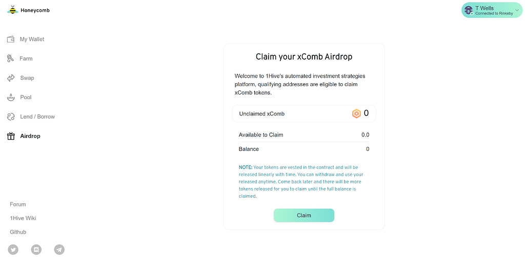 1Hive vested xComb airdrop screen for previous liquidity providers